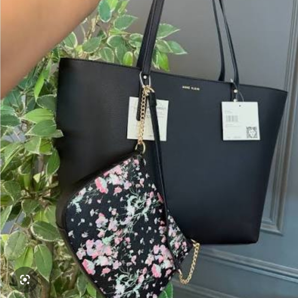 Anne Klein Black Tote with Floral Pouch
